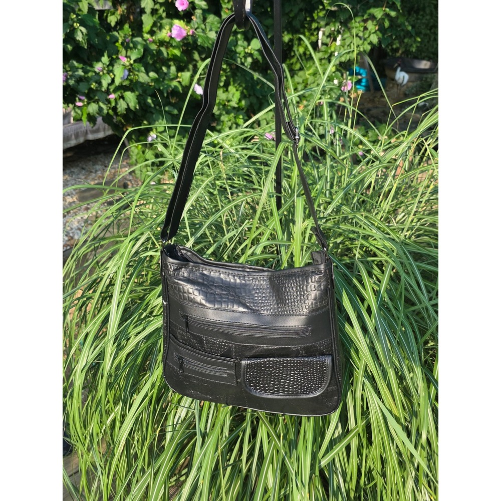 Black Faux Leather Multi-Pocket Crossbody Bag Serpentine Pattern Organizer Purse